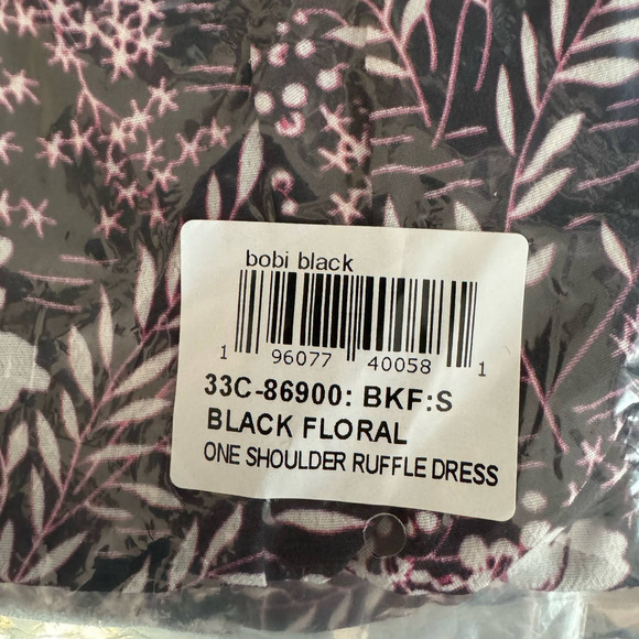 Bobi Black Floral Printed Crepe One Shoulder Ruffle Dress NWT Size Small - Picture 9 of 9